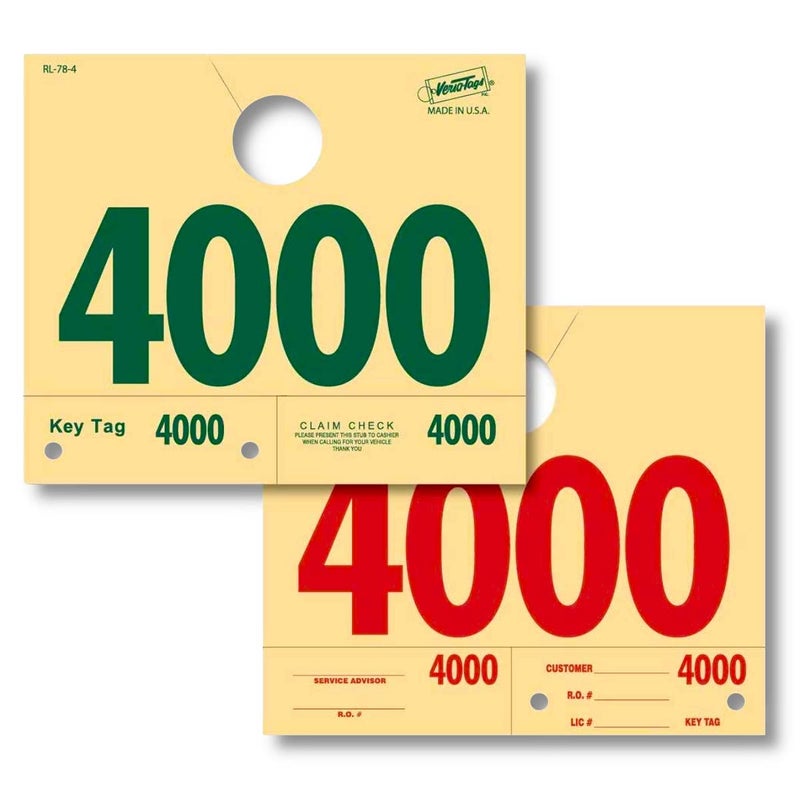 Versa-Tags 1000 Automotive Service Dispatch Numbers Mirror Hang Tags Numbered 4000-4999 RL78 Style Red Green Service Dispatch Numbers Manilla Card Stock with 1.25 Slotted Hang Cutout - Image 1